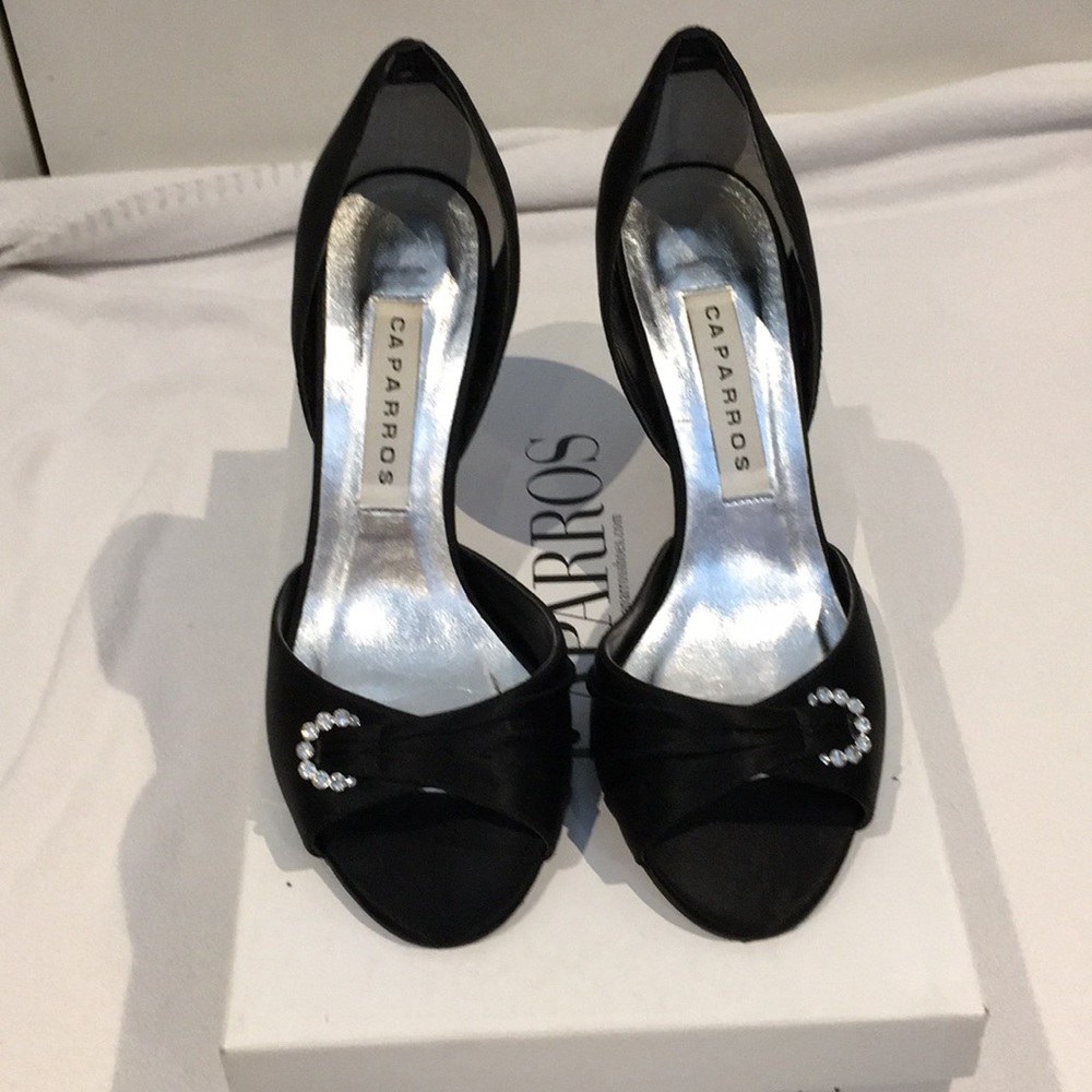 Black silk Caparros peep toe pumps